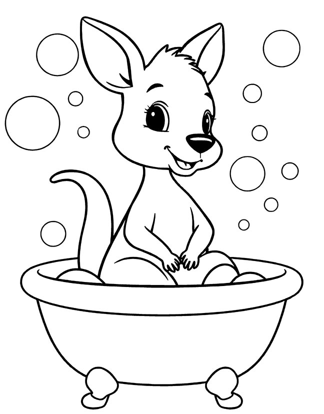 Baby kangaroo bathing in a tub coloring page